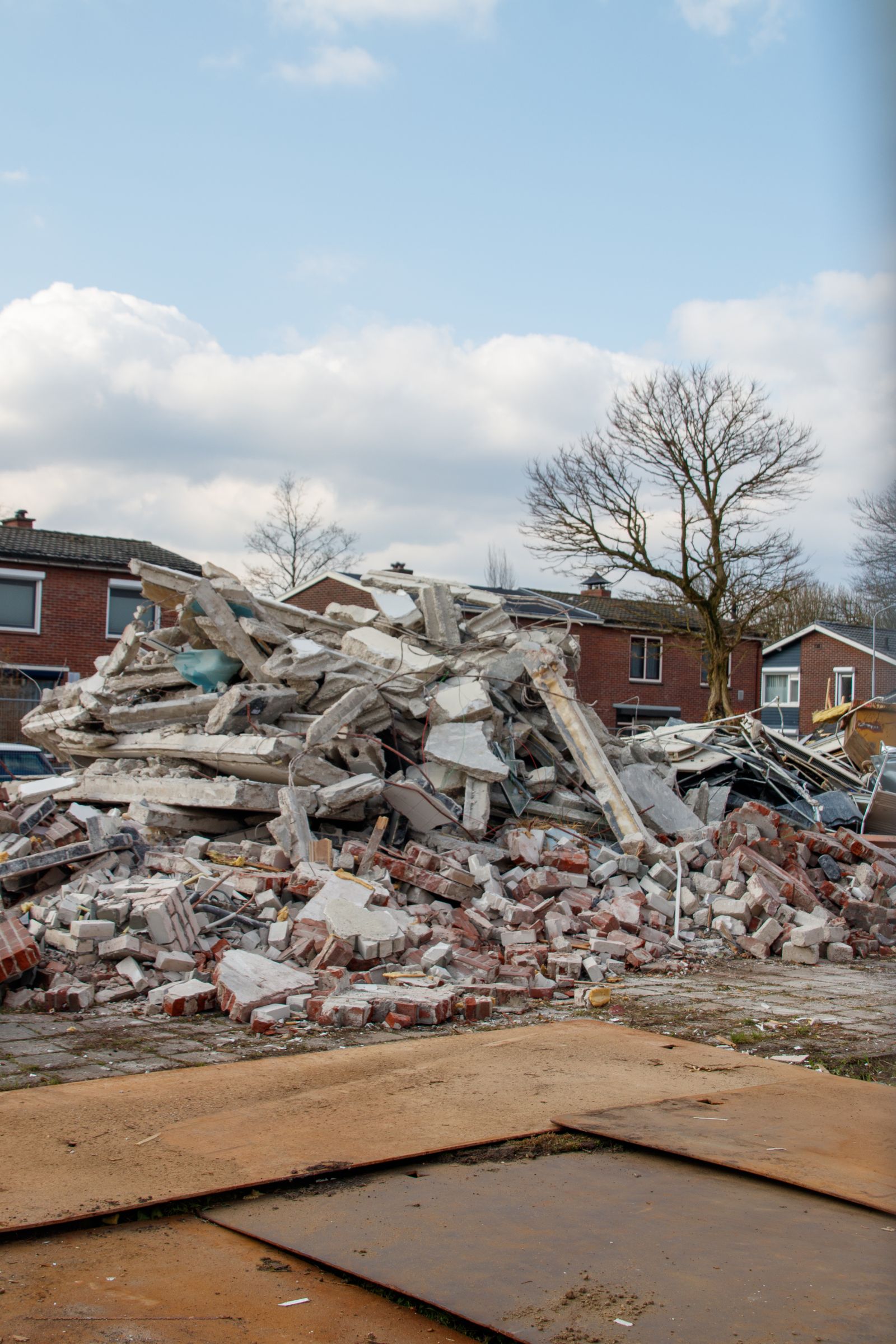 A pile of broken brick and concrete rubble